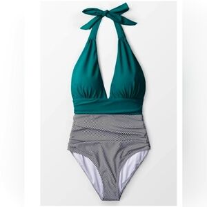 CUPSHE Size XL Teal and Striped Halter One-Piece